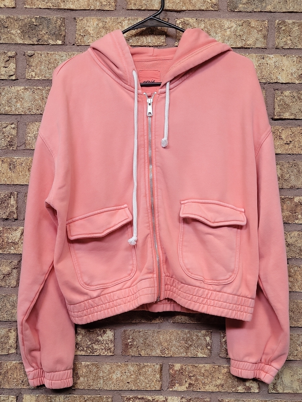 Aerie Coral Pink Oversized Zip Up Hoodie Cropped Front Pocket Sweatshirt Medium
